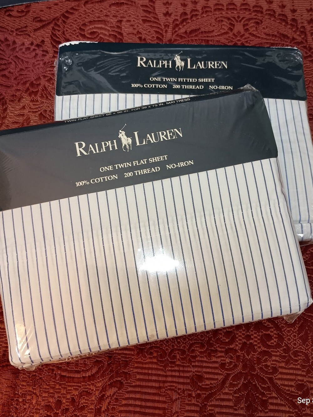 Vintage 90s Ralph Lauren Bradford Blue Set (2) TWIN Flat Fitted Sheets USA New